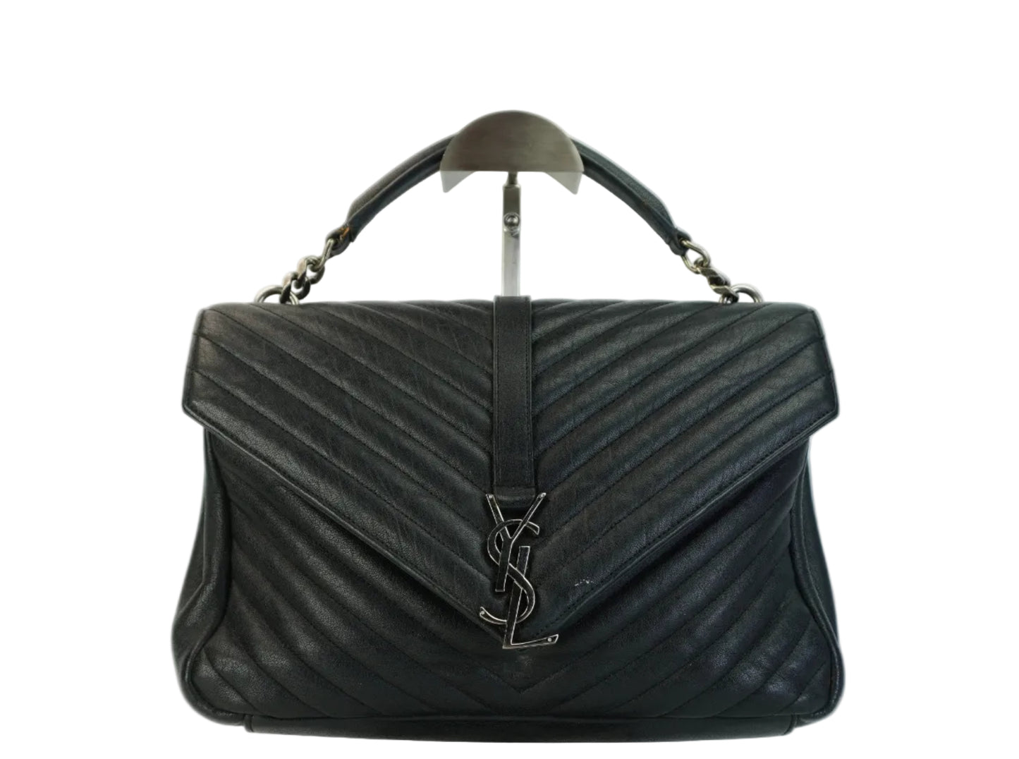 YSL	Large College Bag in black chevron-quilted calfskin