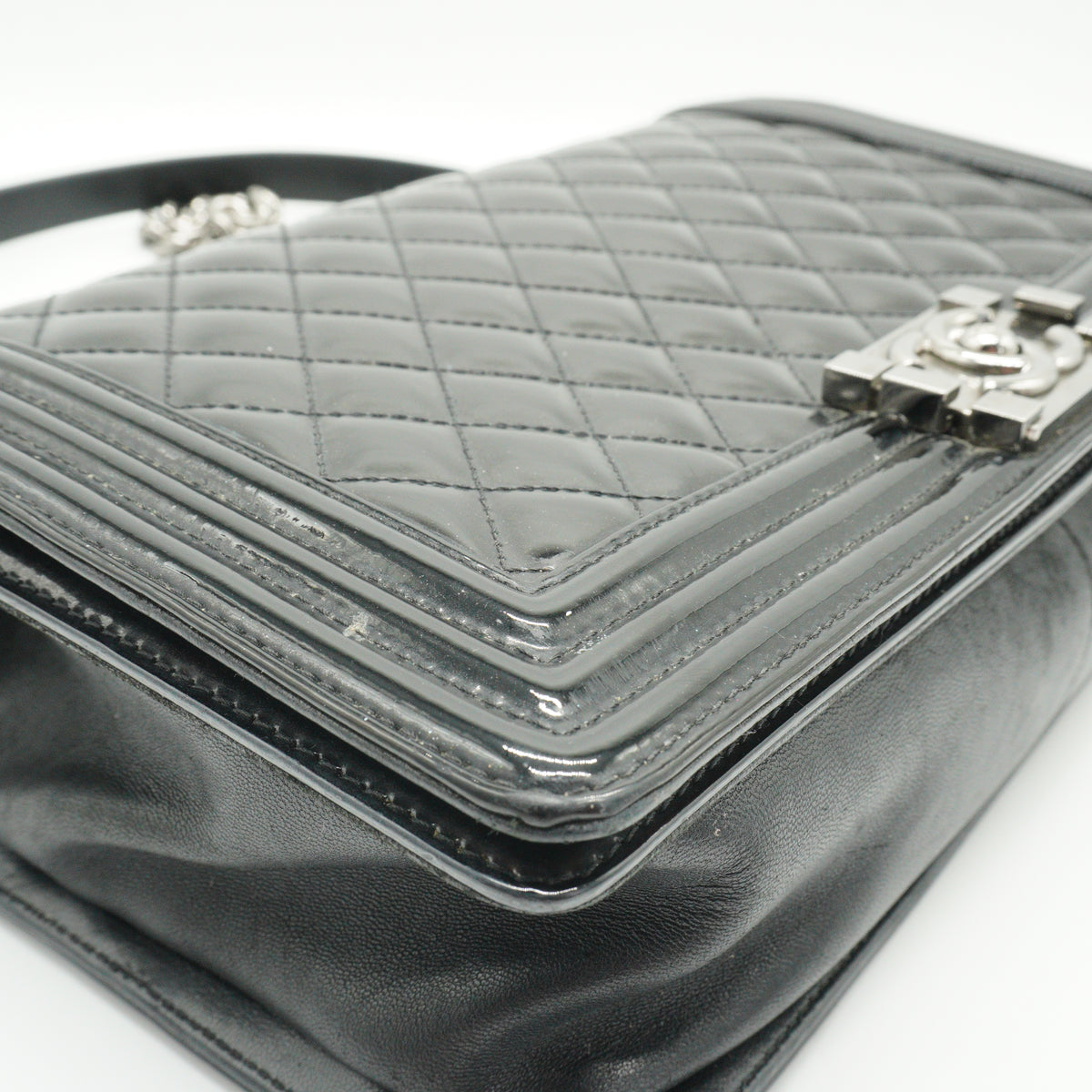 Chanel Boy Flap Black Quitted Patent Medium SHW