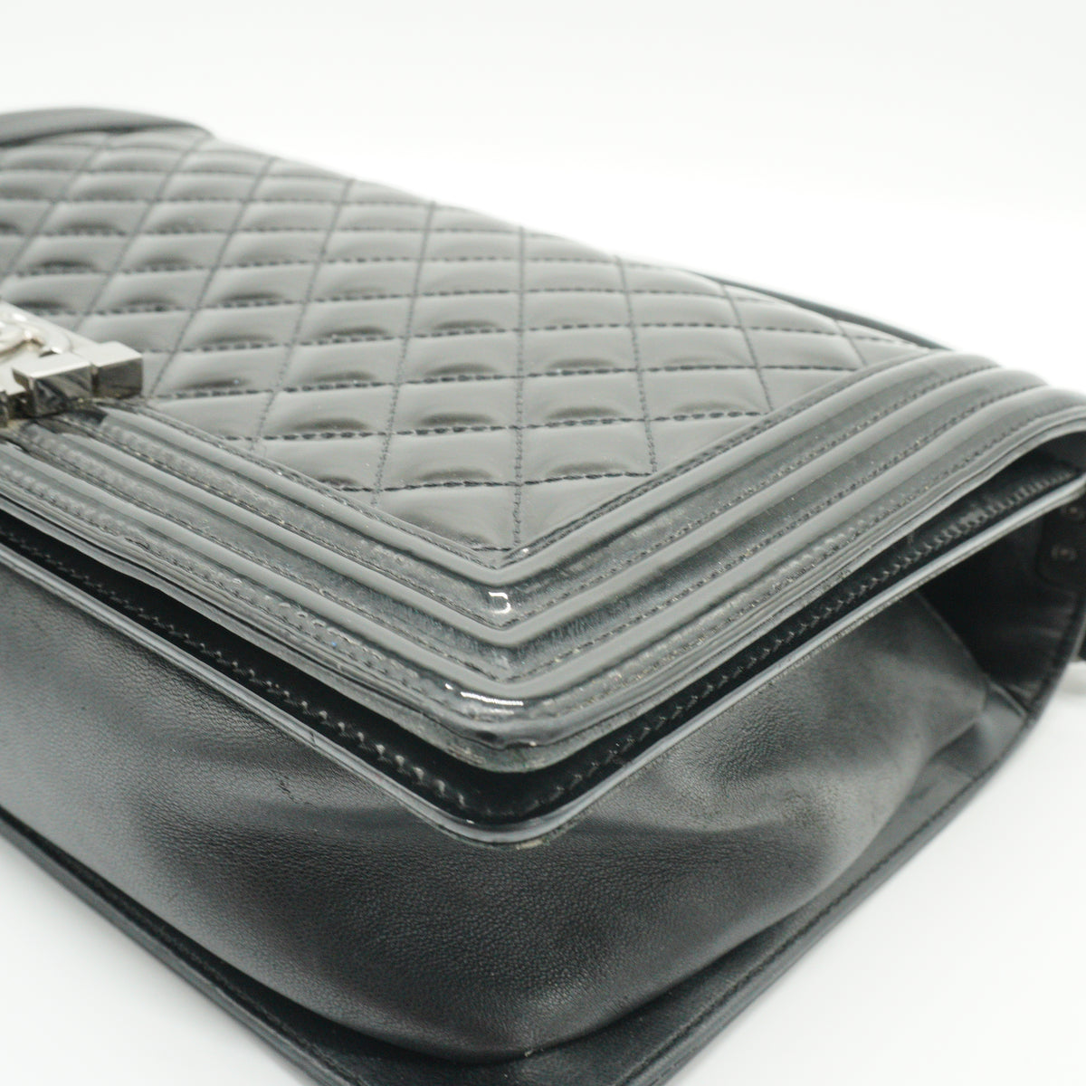Chanel Boy Flap Black Quitted Patent Medium SHW