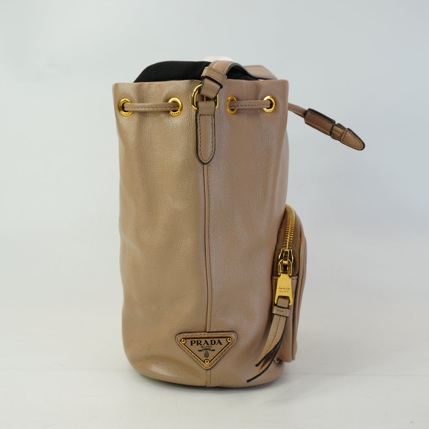 Prada Duet Glace Calf Leather Bucket Beige Mini GHW