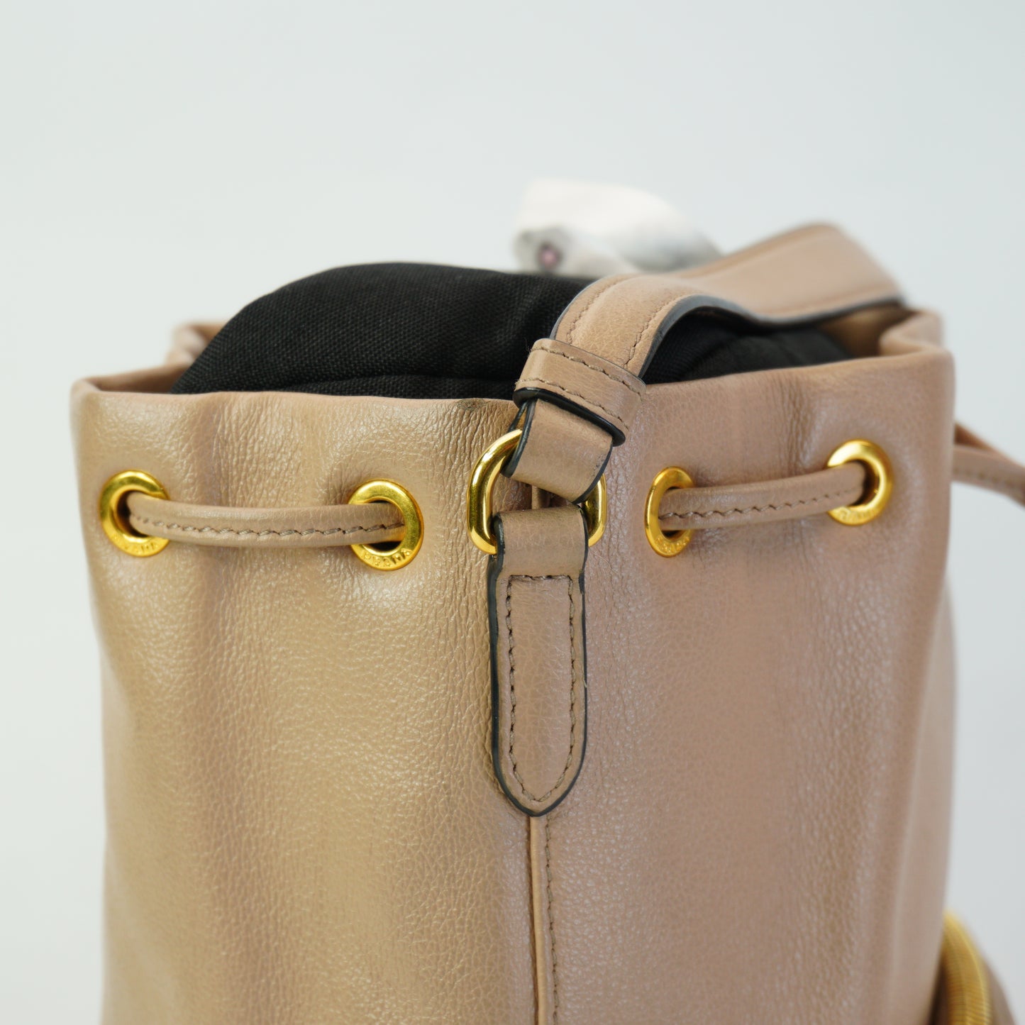 Prada Duet Glace Calf Leather Bucket Beige Mini GHW
