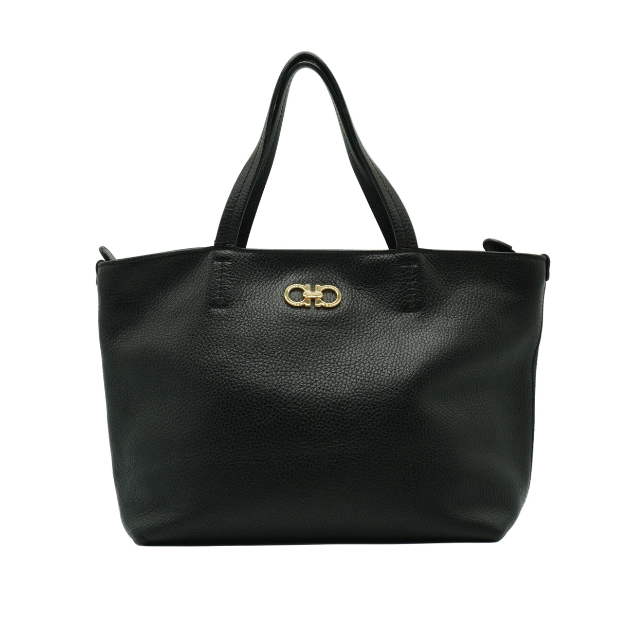 Salvatore Ferragamo Gancini Small Pebbled Leather Shopper Tote Black GHW