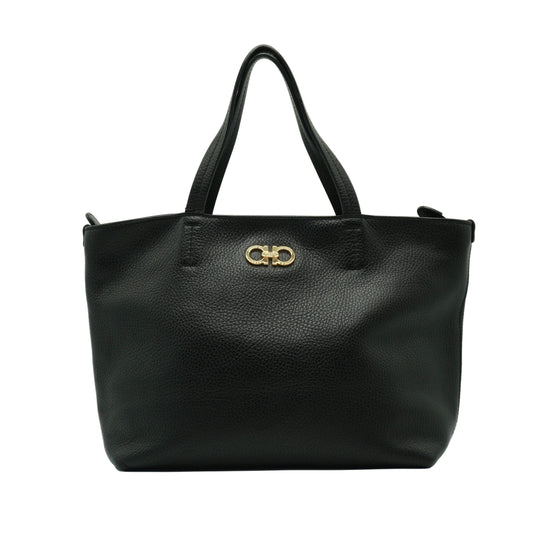 Salvatore Ferragamo Gancini Small Pebbled Leather Shopper Tote Black GHW