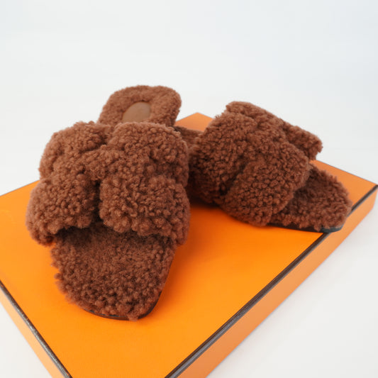 Hermes Oran Sandals Cognac Shearling Fur size 38