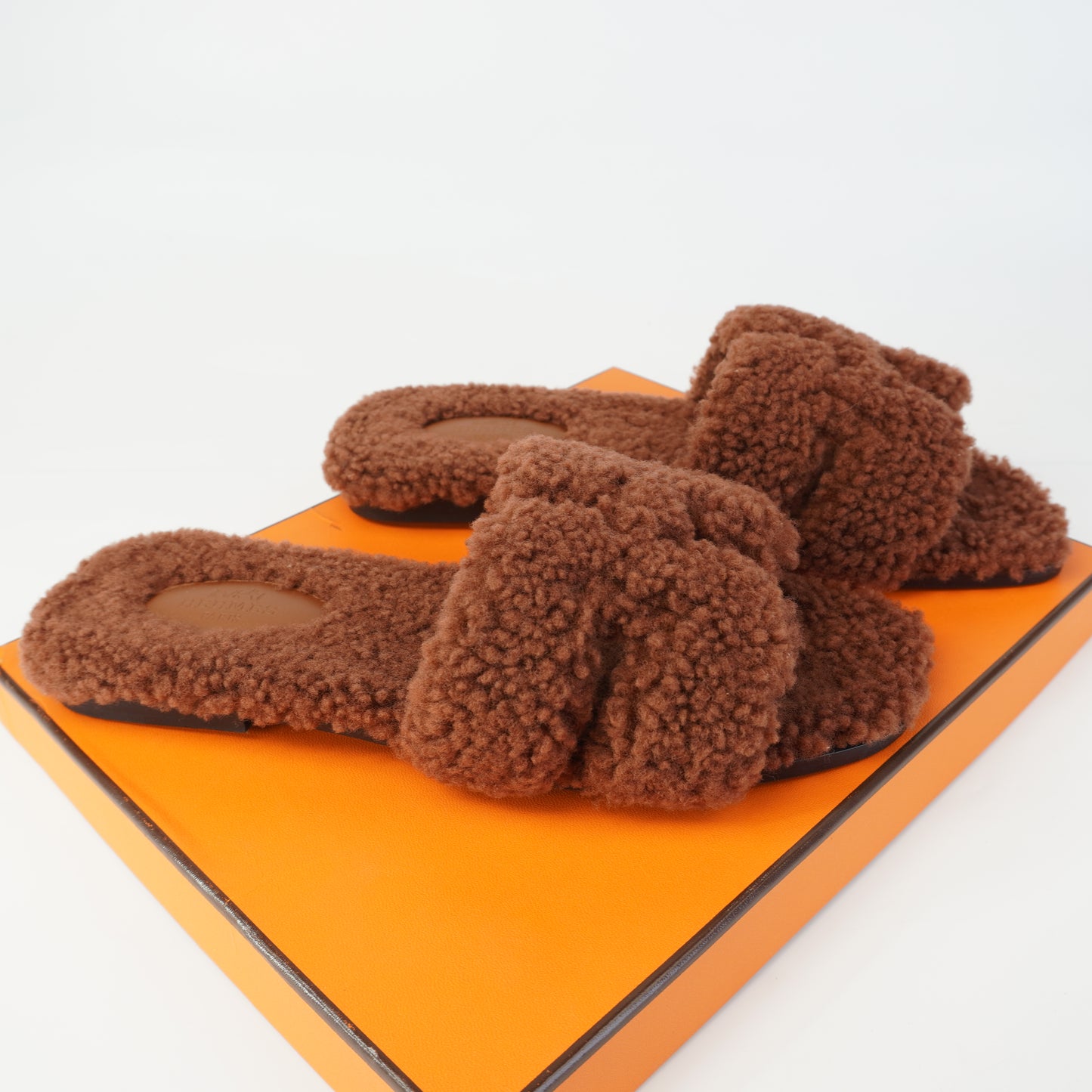 Hermes Oran Sandals Cognac Shearling Fur size 38