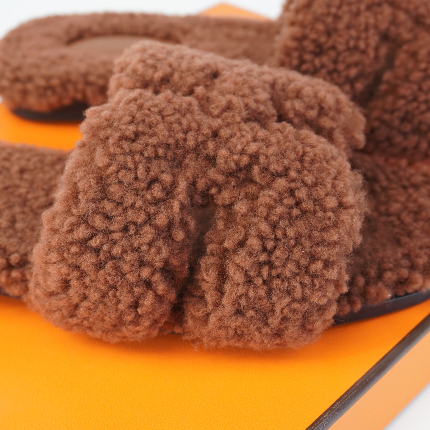 Hermes Oran Sandals Cognac Shearling Fur size 38