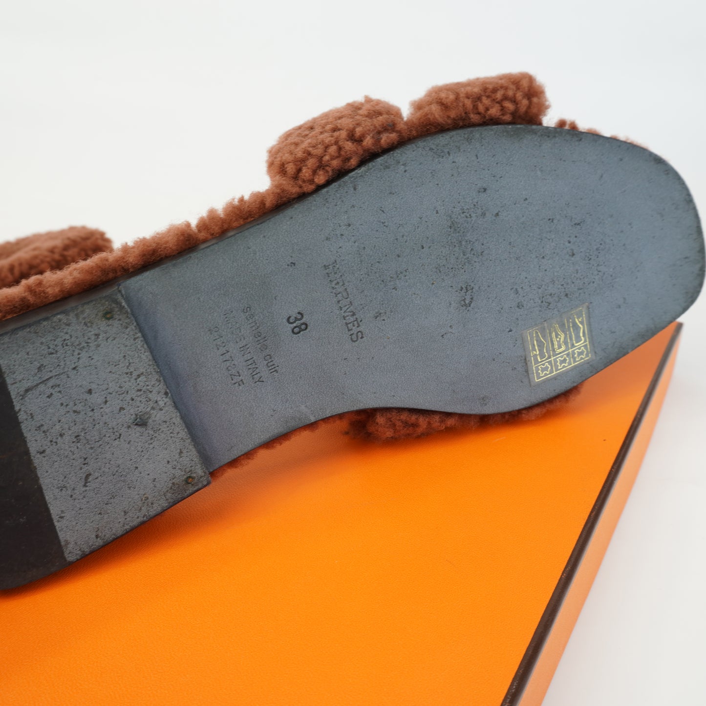 Hermes Oran Sandals Cognac Shearling Fur size 38