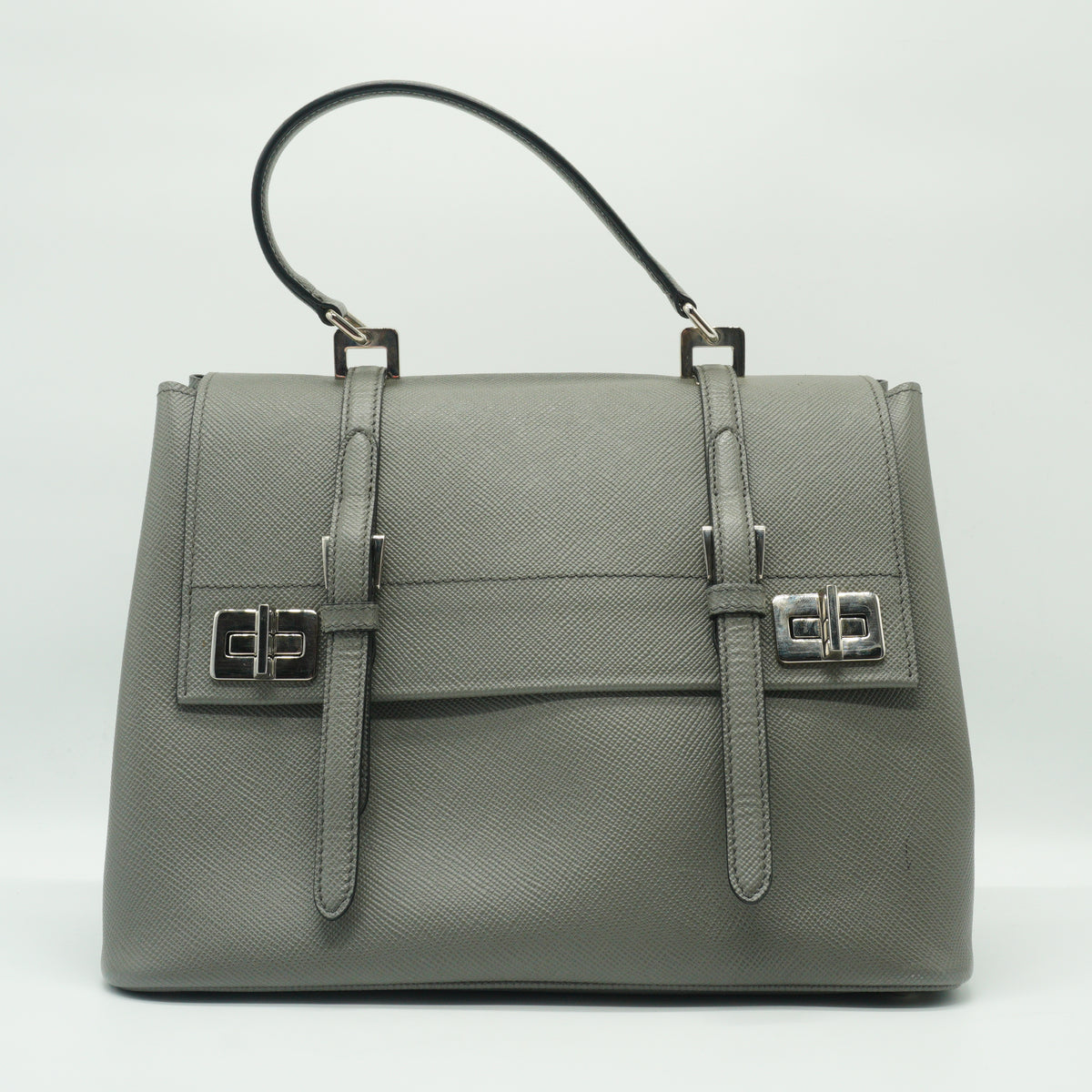 Prada	Saffiano Double Turn-Lock Satchel Grey medium SHW
