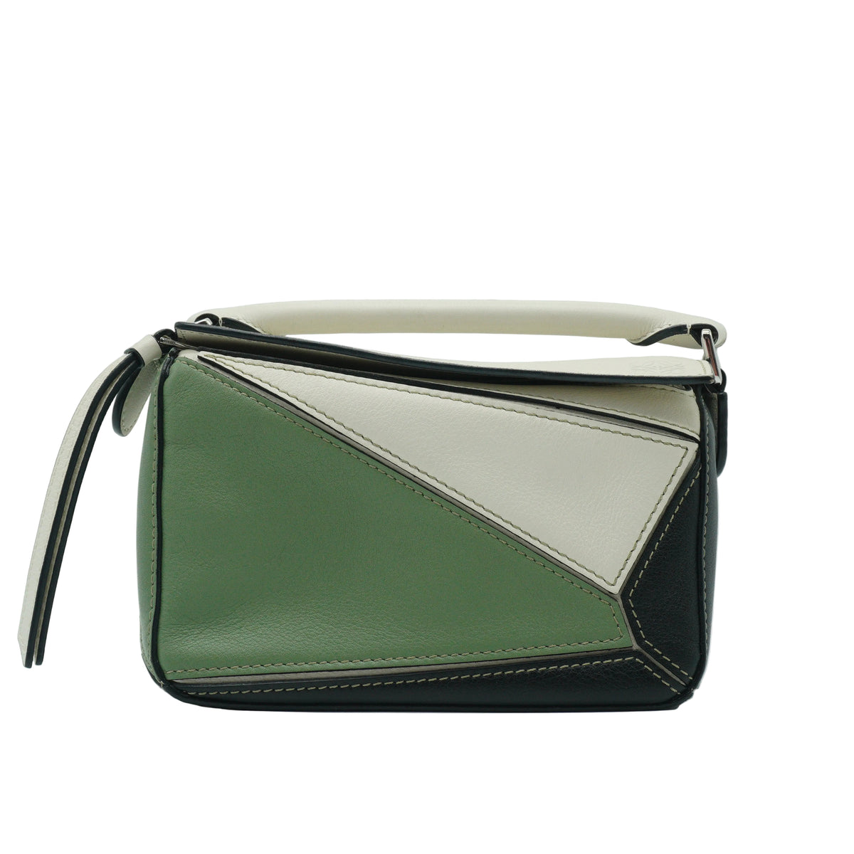 Loewe	Mini Puzzle Bag in a color-blocked soft white rosemary green and black