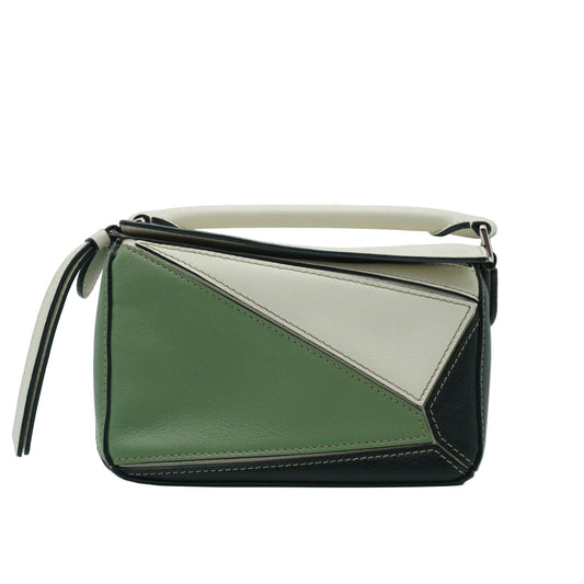 Loewe	Mini Puzzle Bag in a color-blocked soft white rosemary green and black