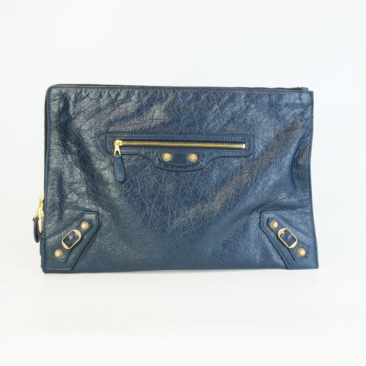 Balenciaga Giant Flat Clutch Navy Blue Medium GHW