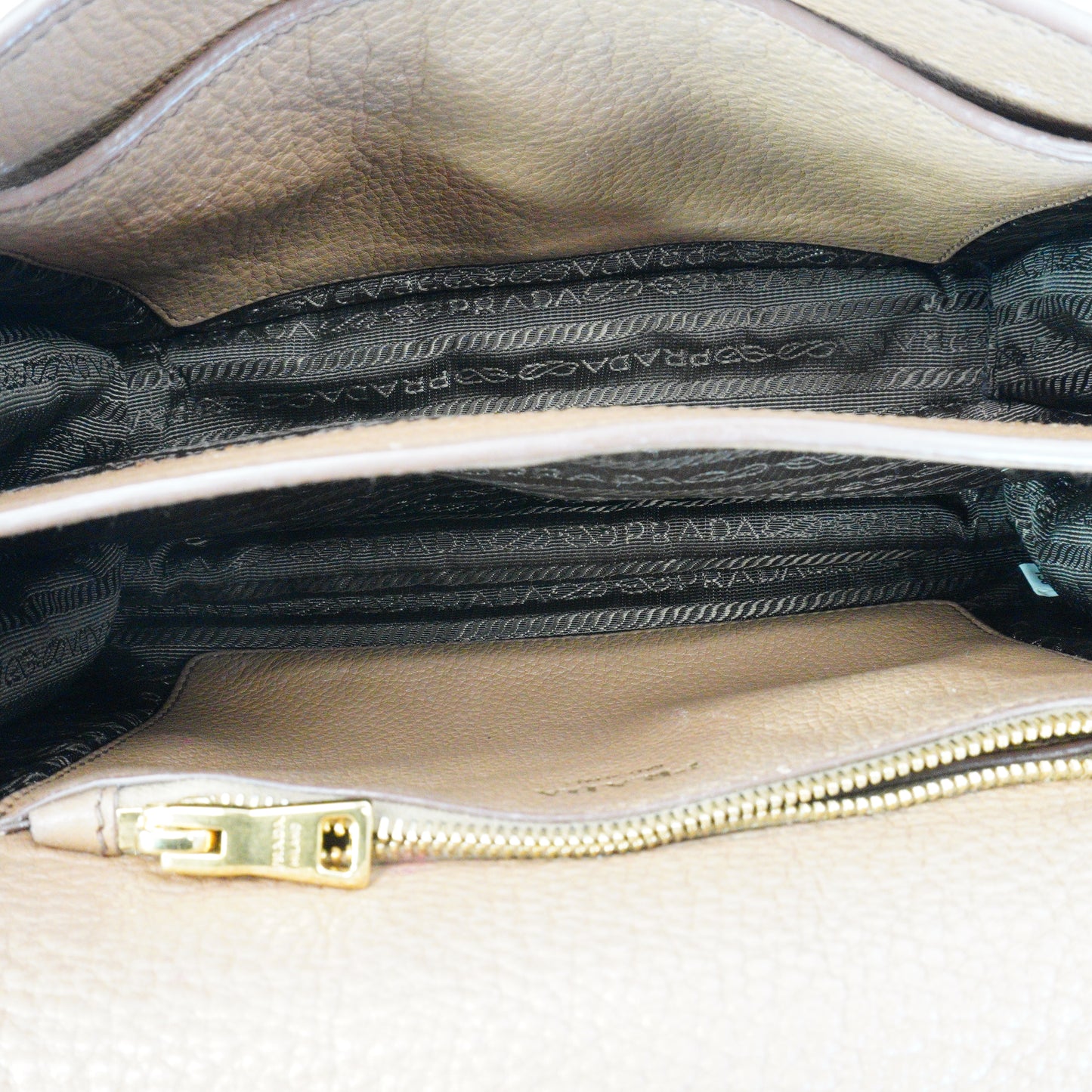 Prada Vitello Phenix Double Zip Camera Crossbody Medium Greyish Beige GHW
