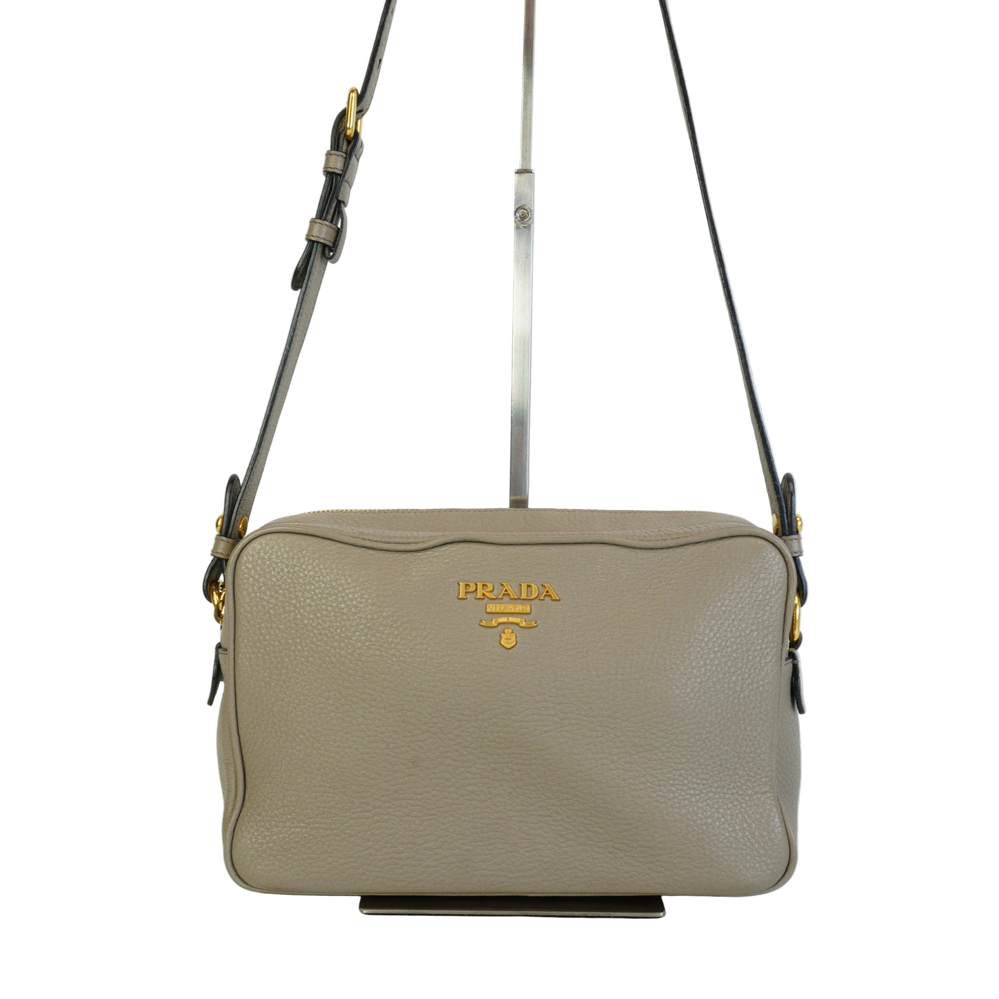 Prada Vitello Phenix Double Zip Camera Crossbody Medium Greyish Beige GHW