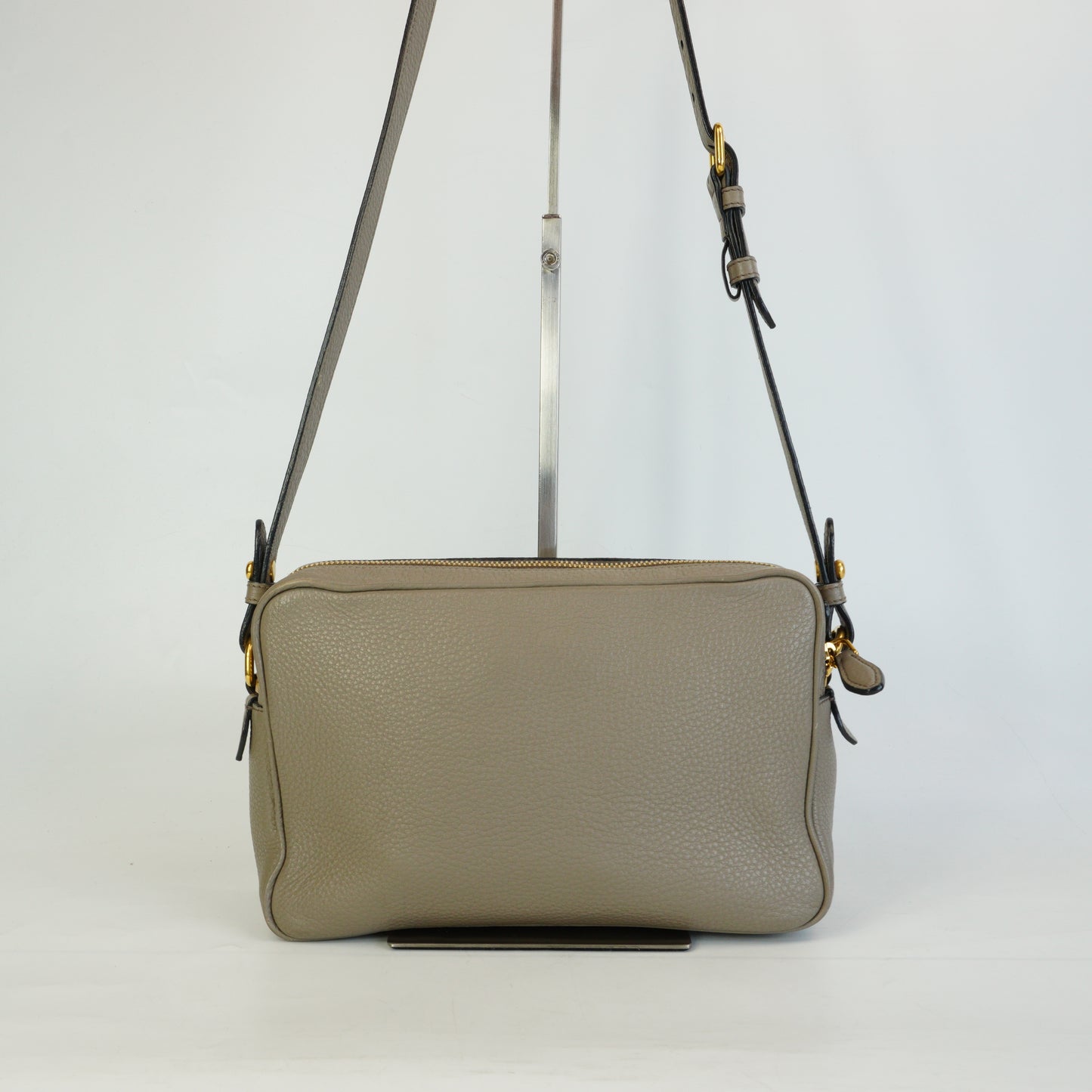 Prada Vitello Phenix Double Zip Camera Crossbody Medium Greyish Beige GHW