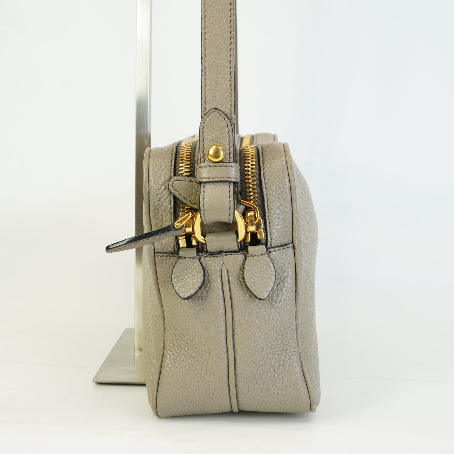 Prada Vitello Phenix Double Zip Camera Crossbody Medium Greyish Beige GHW