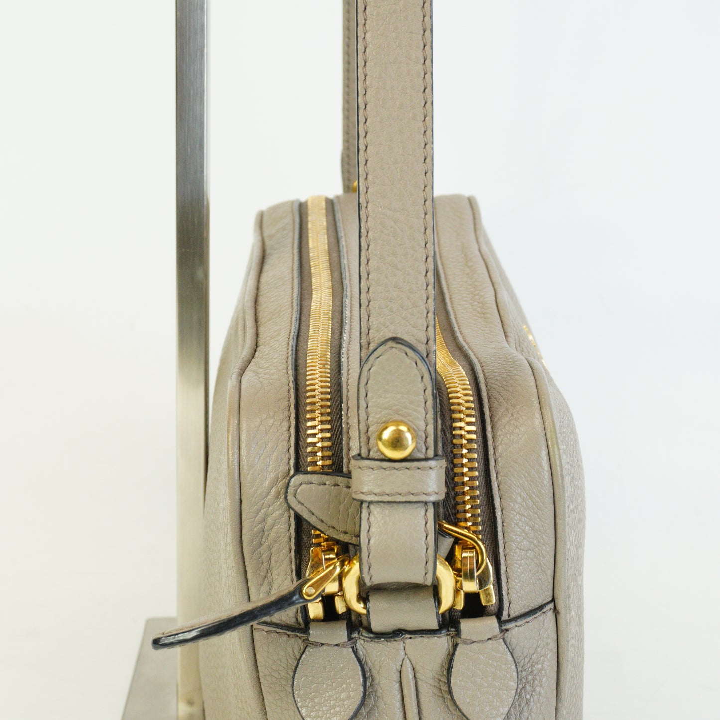 Prada Vitello Phenix Double Zip Camera Crossbody Medium Greyish Beige GHW