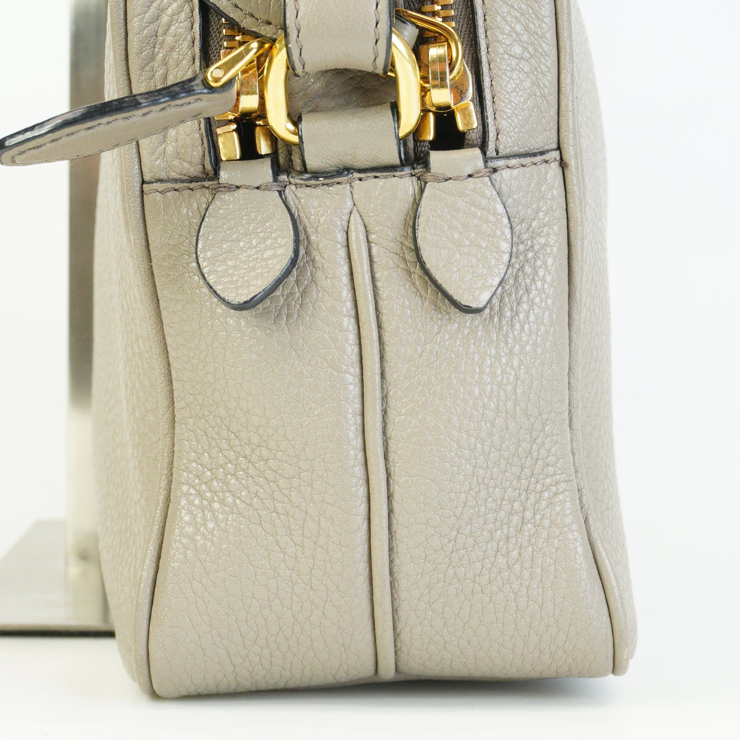 Prada Vitello Phenix Double Zip Camera Crossbody Medium Greyish Beige GHW