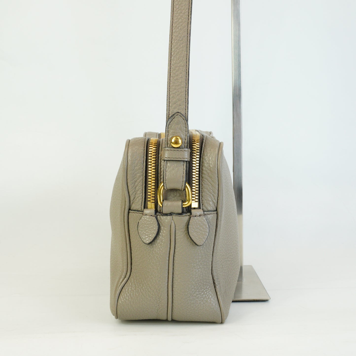 Prada Vitello Phenix Double Zip Camera Crossbody Medium Greyish Beige GHW