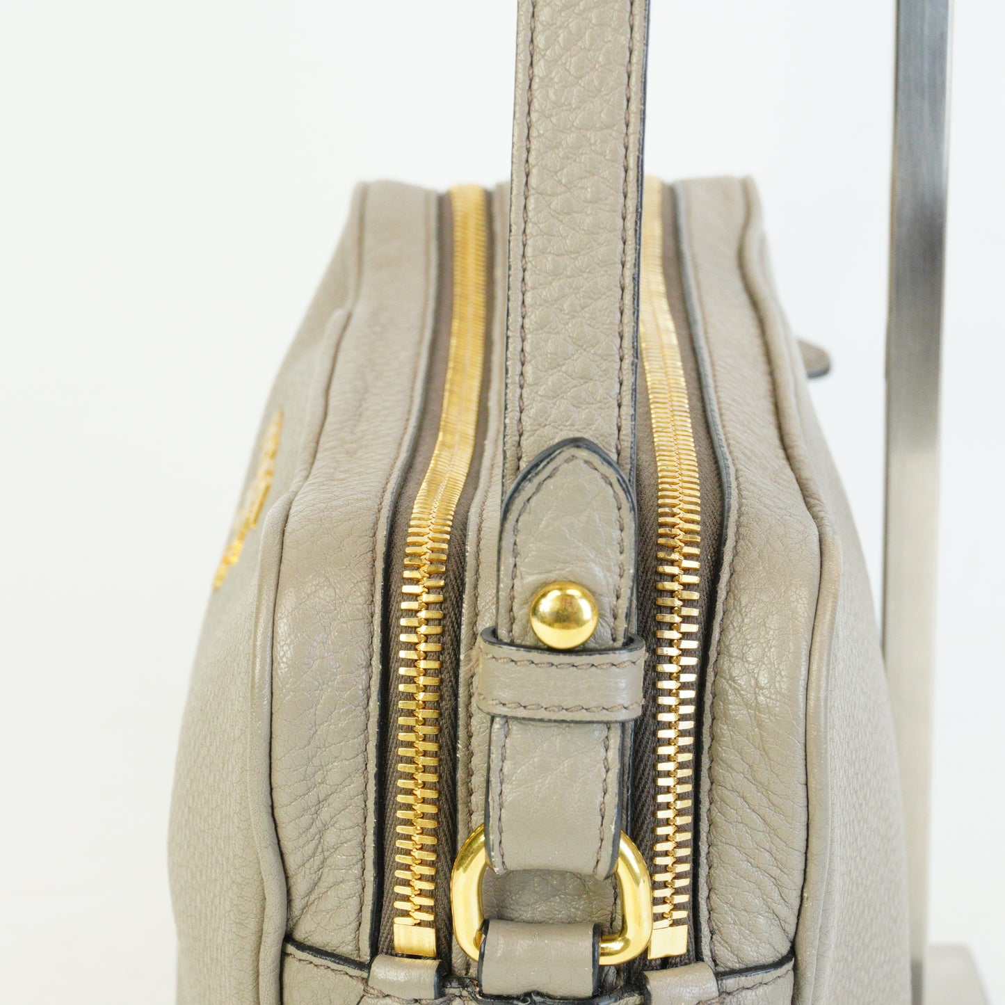 Prada Vitello Phenix Double Zip Camera Crossbody Medium Greyish Beige GHW
