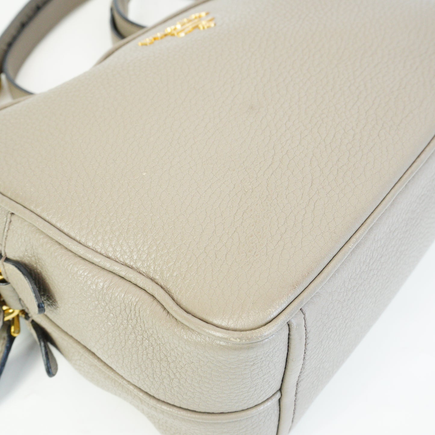 Prada Vitello Phenix Double Zip Camera Crossbody Medium Greyish Beige GHW