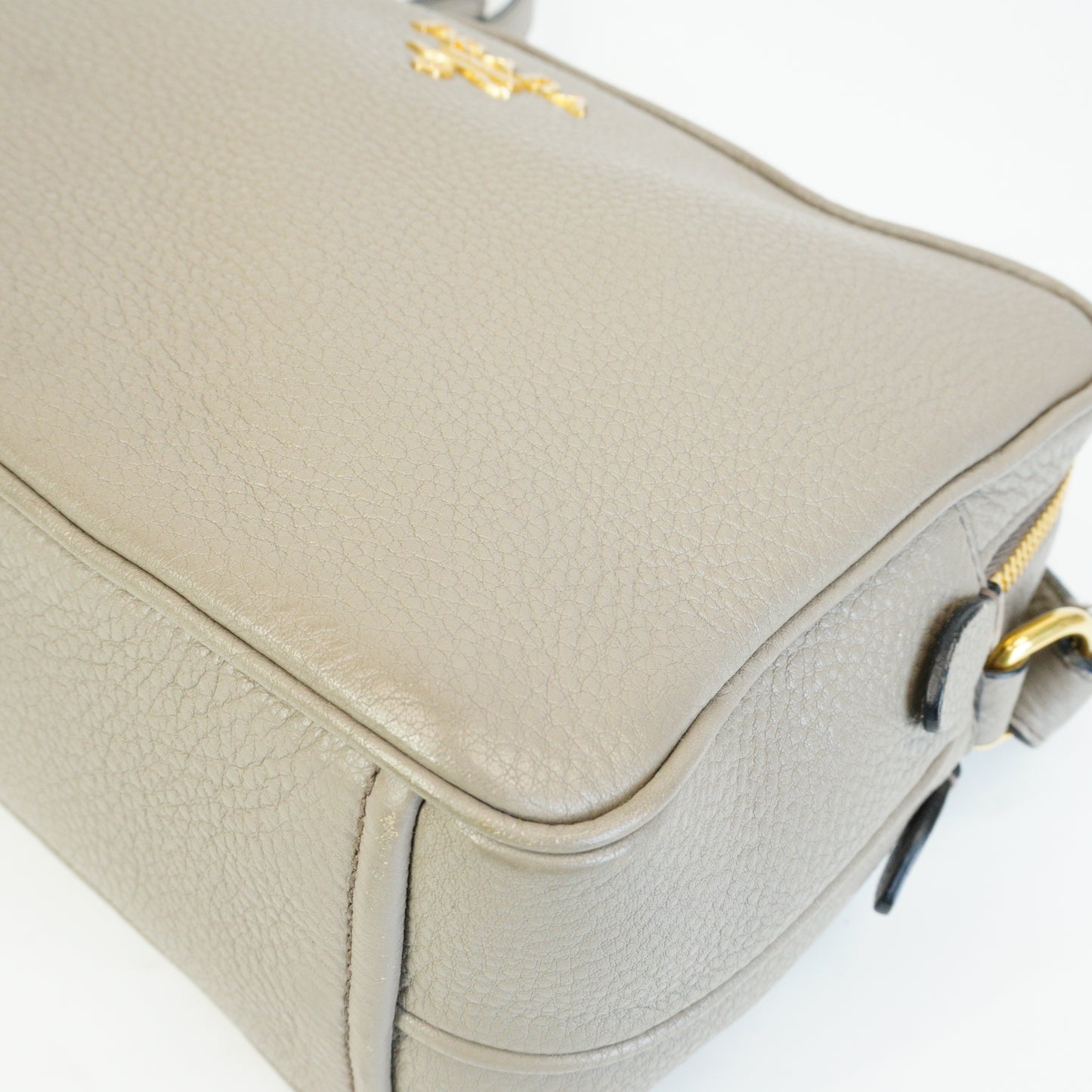 Prada Vitello Phenix Double Zip Camera Crossbody Medium Greyish Beige GHW