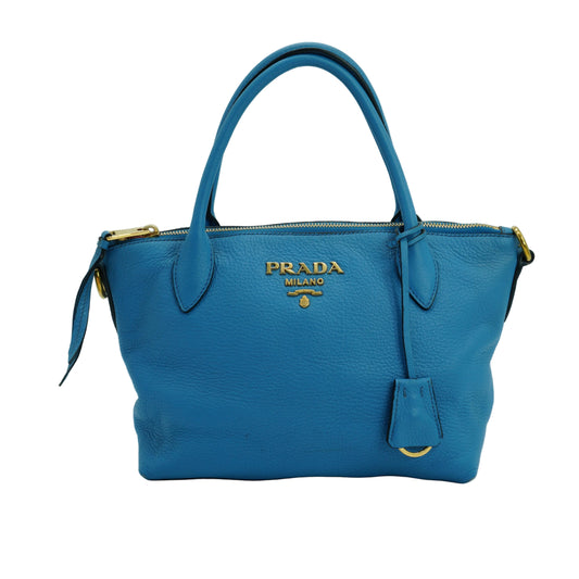 Prada Dual Strap Convertible Zip Tote Blue Medium GHW