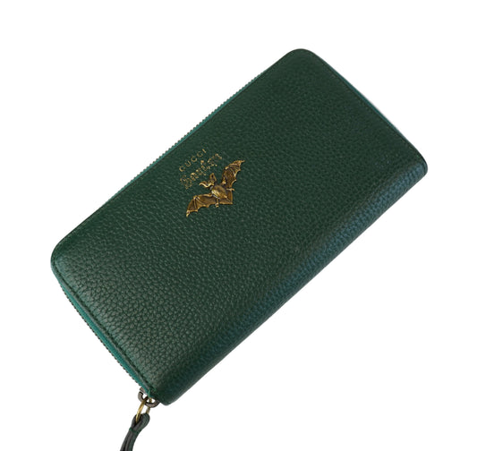 Gucci Green Garden Pebbled Leather Long Zippy Wallet