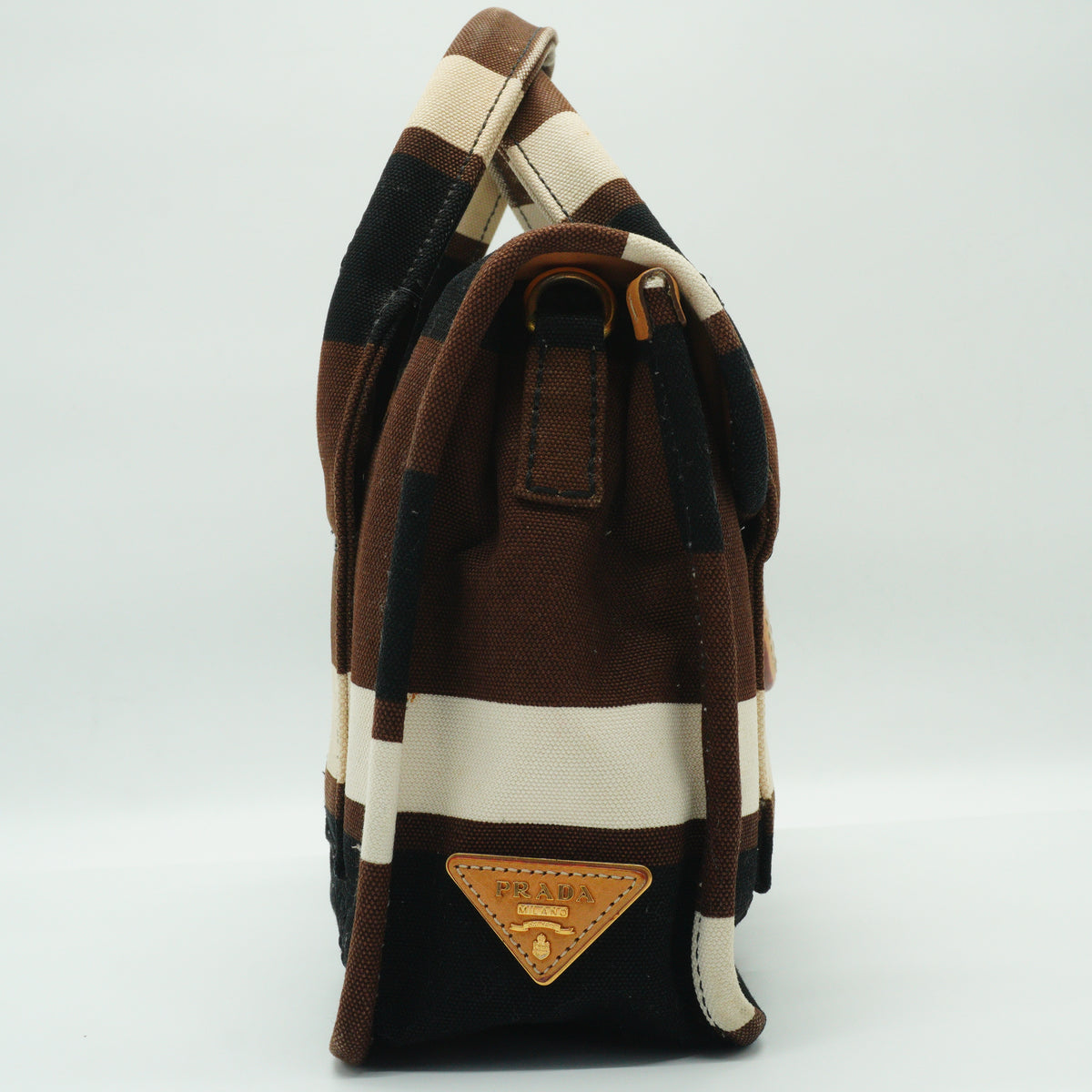 Prada	Tabacco Canapa Strip Canvas Pattina Medium GHW