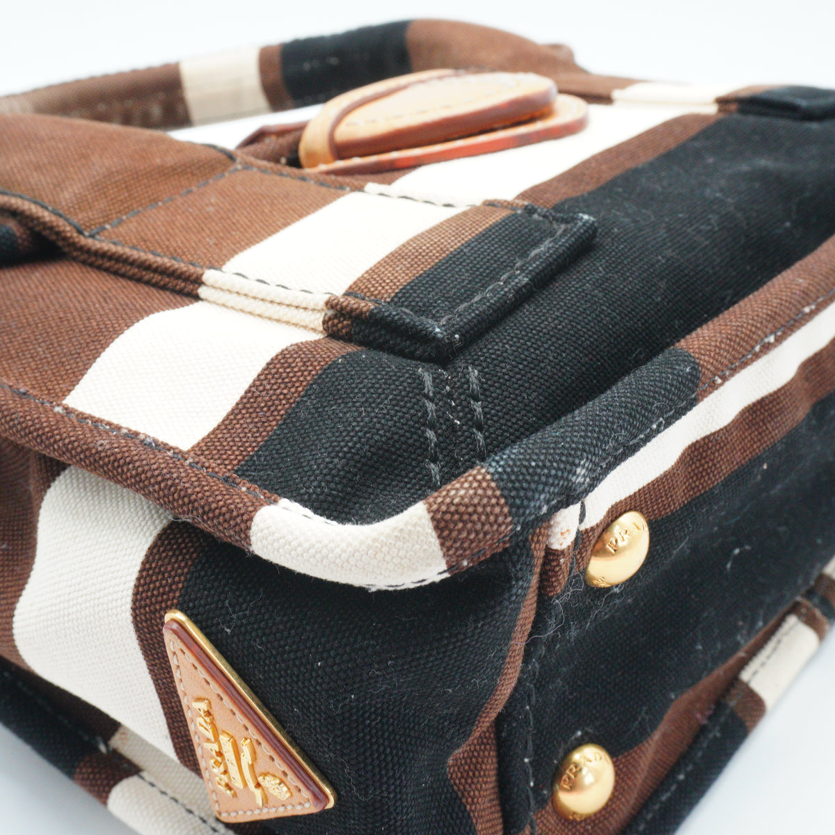 Prada	Tabacco Canapa Strip Canvas Pattina Medium GHW