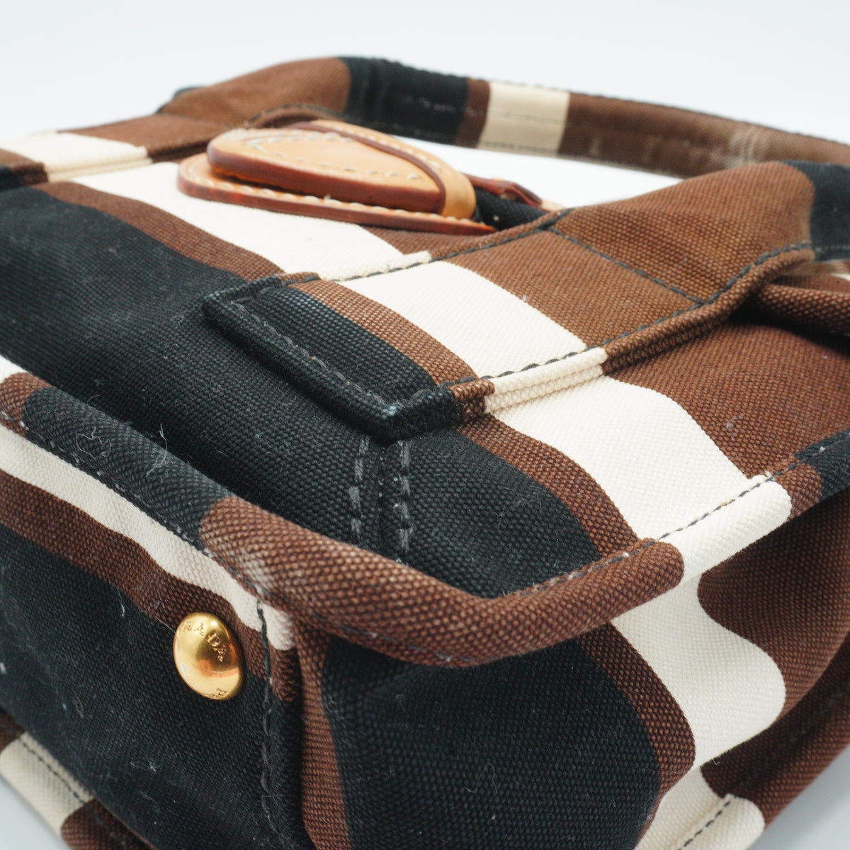 Prada	Tabacco Canapa Strip Canvas Pattina Medium GHW