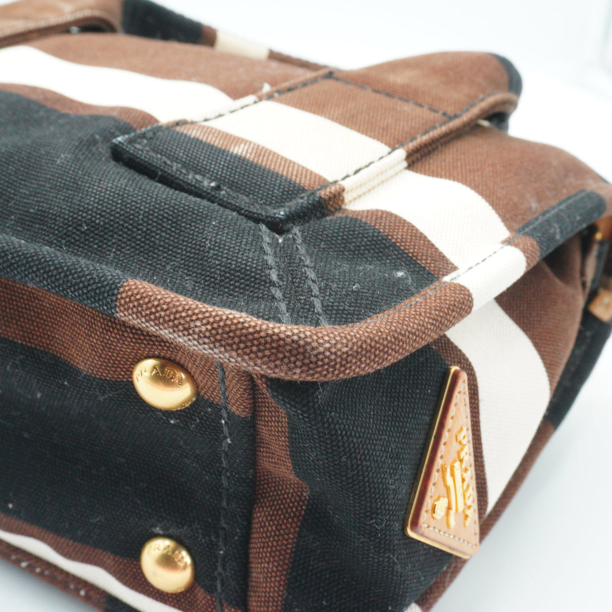 Prada	Tabacco Canapa Strip Canvas Pattina Medium GHW