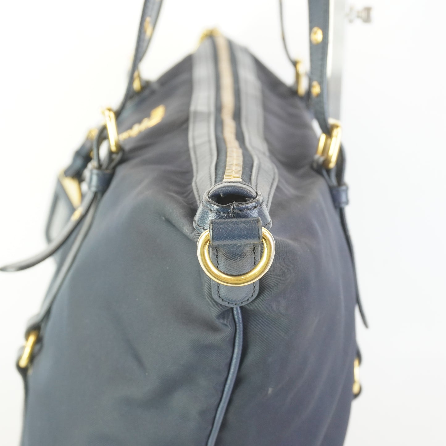 Prada Tessuto Nylon Saffiano Tote Large Navy Blue  GHW