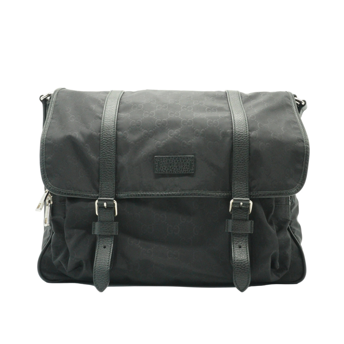 Gucci	Nylon Monogram Double Buckle Flap Medium Messenger Bag Black SHW