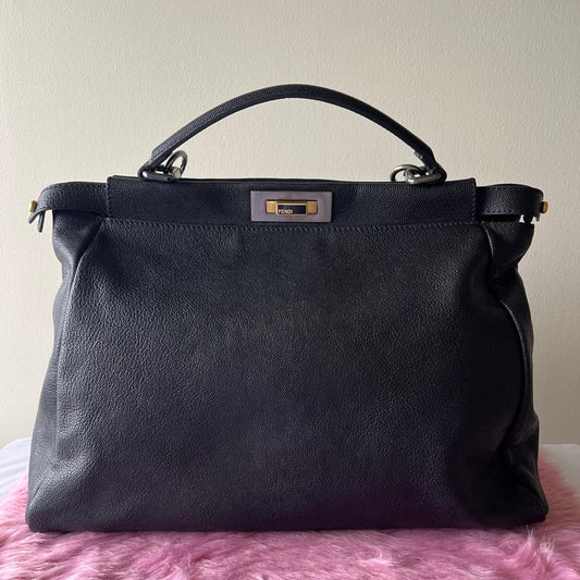 Fendi Peekaboo Top Handle Bag Leather Black – 8"H x 13"L x 4.7"W