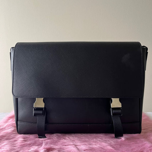 Prada Saffiano Travel Shoulder Bag Black (Men's) – 8.3"H x 11.8"L x 3.1"W