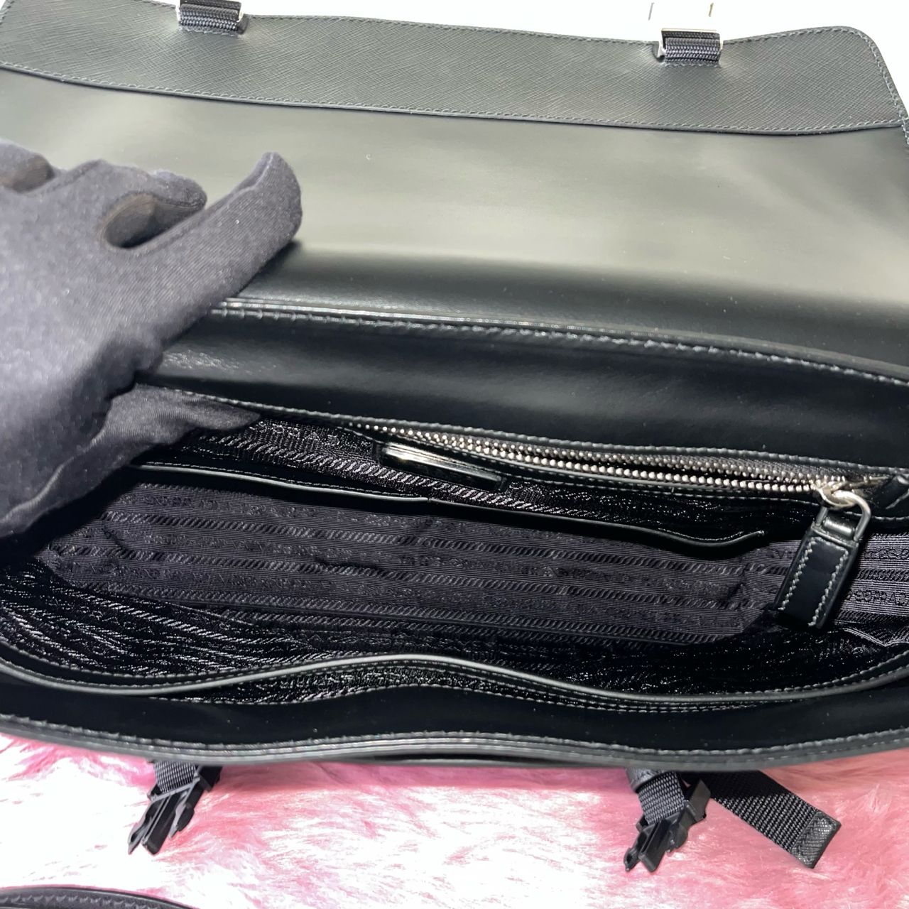 Prada Saffiano Travel Shoulder Bag Black (Men's) – 8.3"H x 11.8"L x 3.1"W
