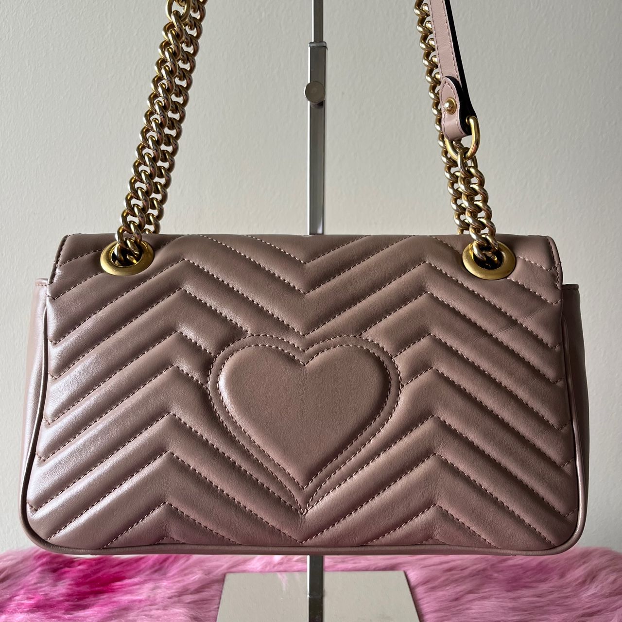 Gucci Marmont Small Tan – 5"H x 9.5"L x 3"W