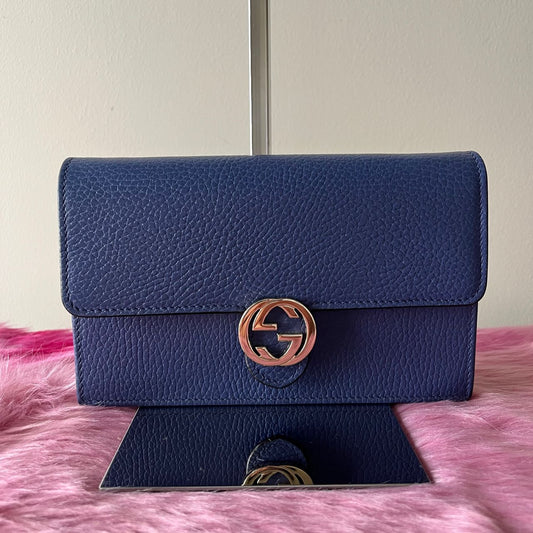Gucci Interlocking Wallet on Chain Dark Blue – 4.5"H x 7.5"L x 1.4"W