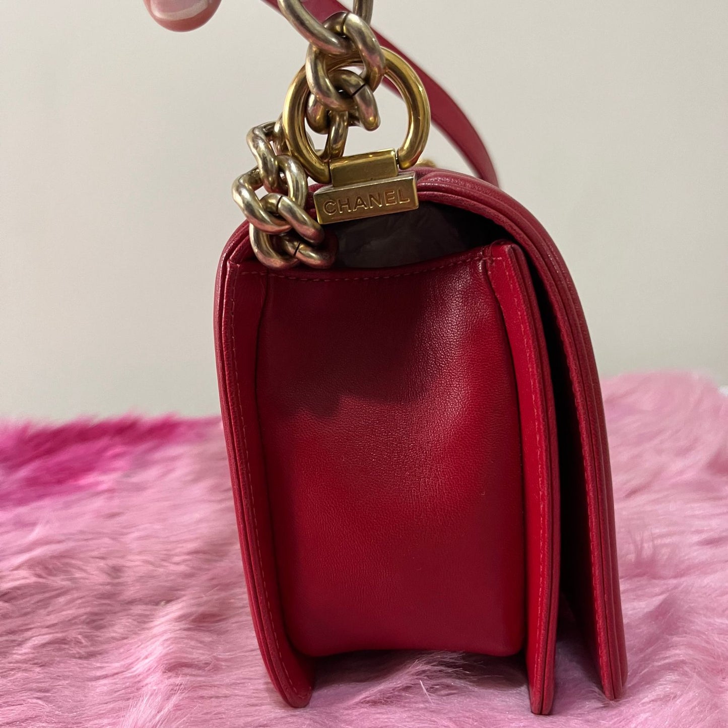Chanel Le Boy Handbag Red – 5.7"H x 9.8"L x 3.5"W