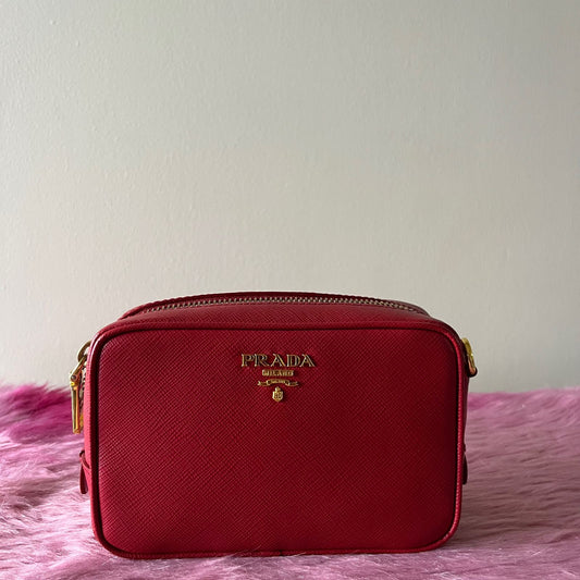 Prada Saffiano Crossbody Mini Bag Red – 4.7"H x 7.5"L x 2.4"W