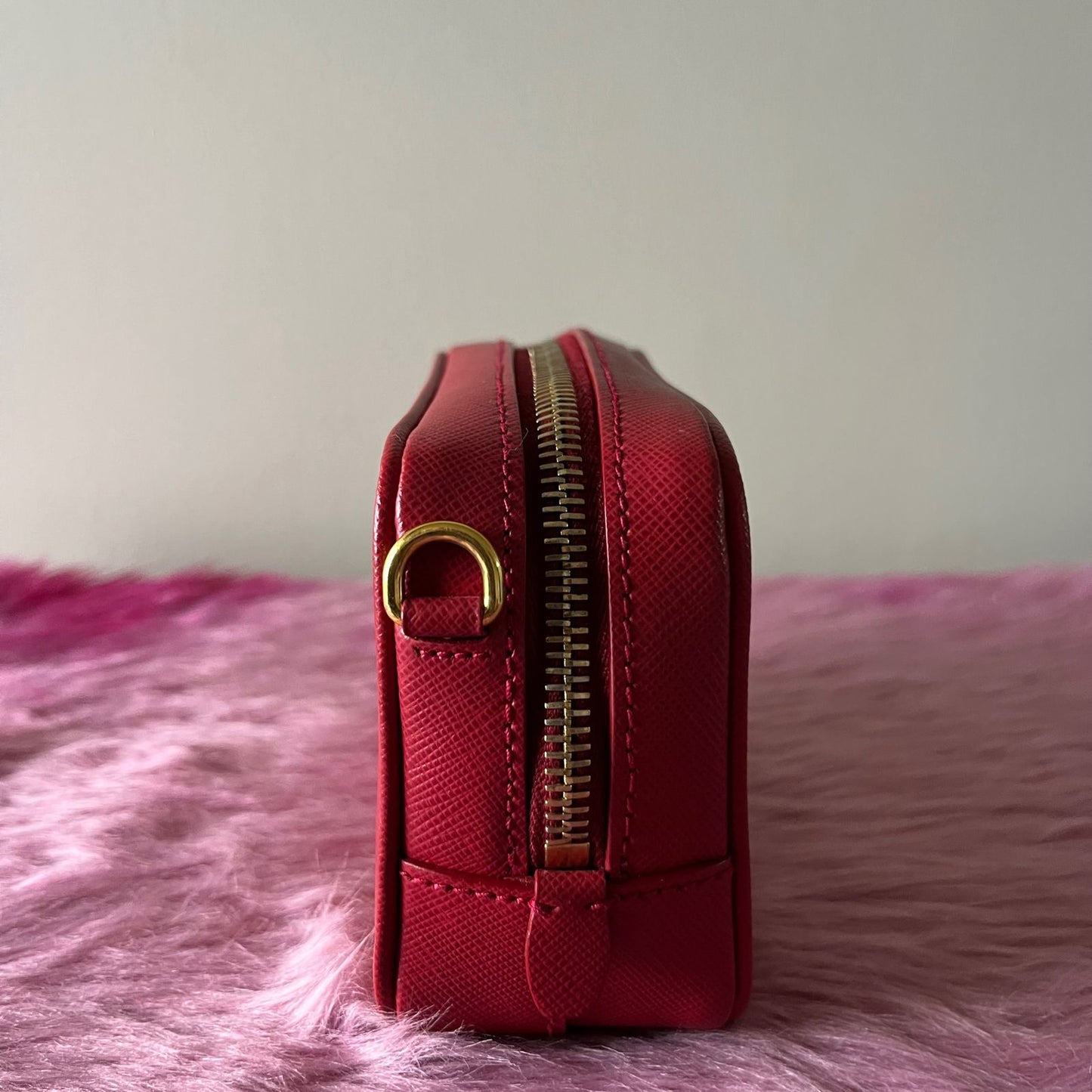 Prada Saffiano Crossbody Mini Bag Red – 4.7"H x 7.5"L x 2.4"W