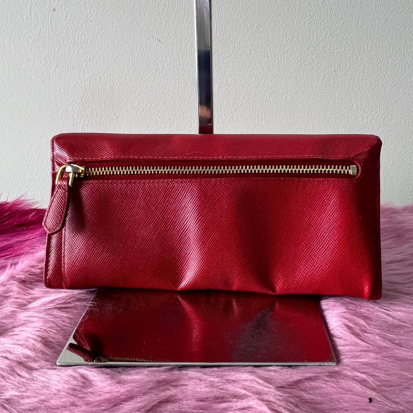 Prada Saffiano Bowy Wallet Red – 3.7"H x 7.5"L x 1"W