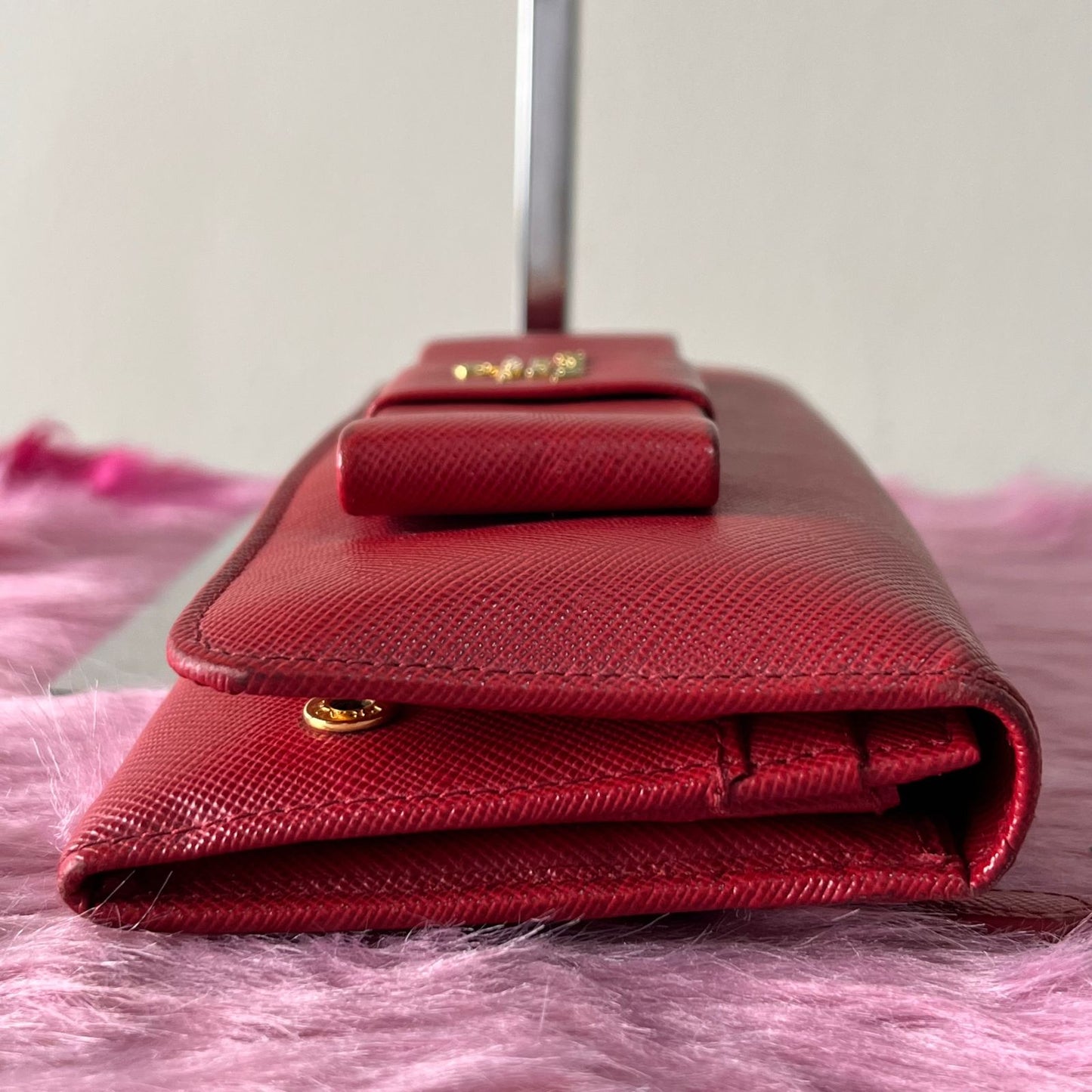 Prada Saffiano Bowy Wallet Red – 3.7"H x 7.5"L x 1"W