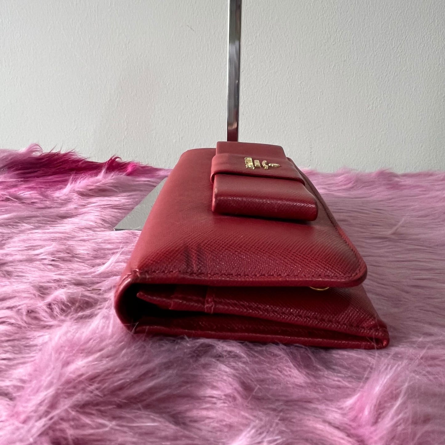 Prada Saffiano Bowy Wallet Red – 3.7"H x 7.5"L x 1"W