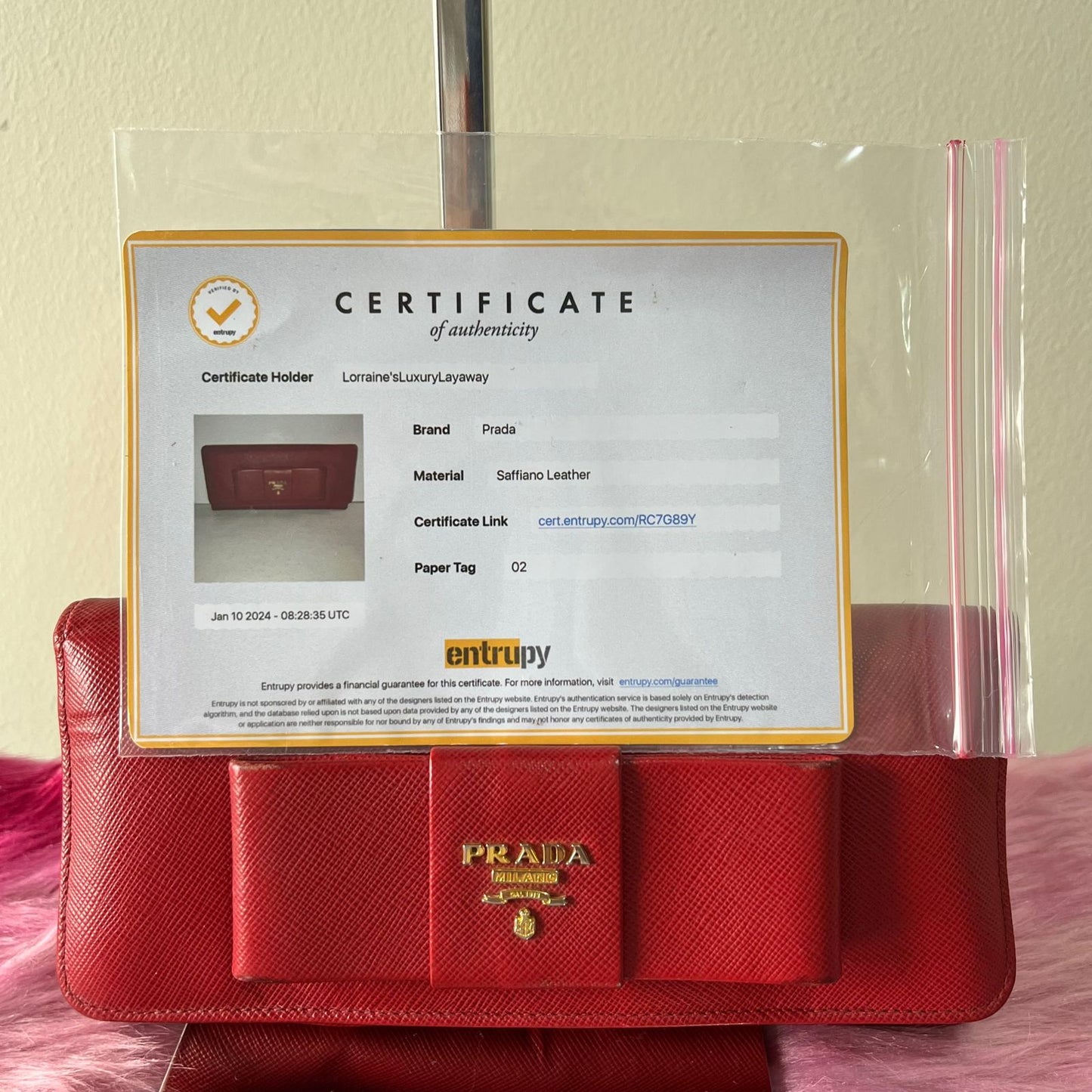 Prada Saffiano Bowy Wallet Red – 3.7"H x 7.5"L x 1"W