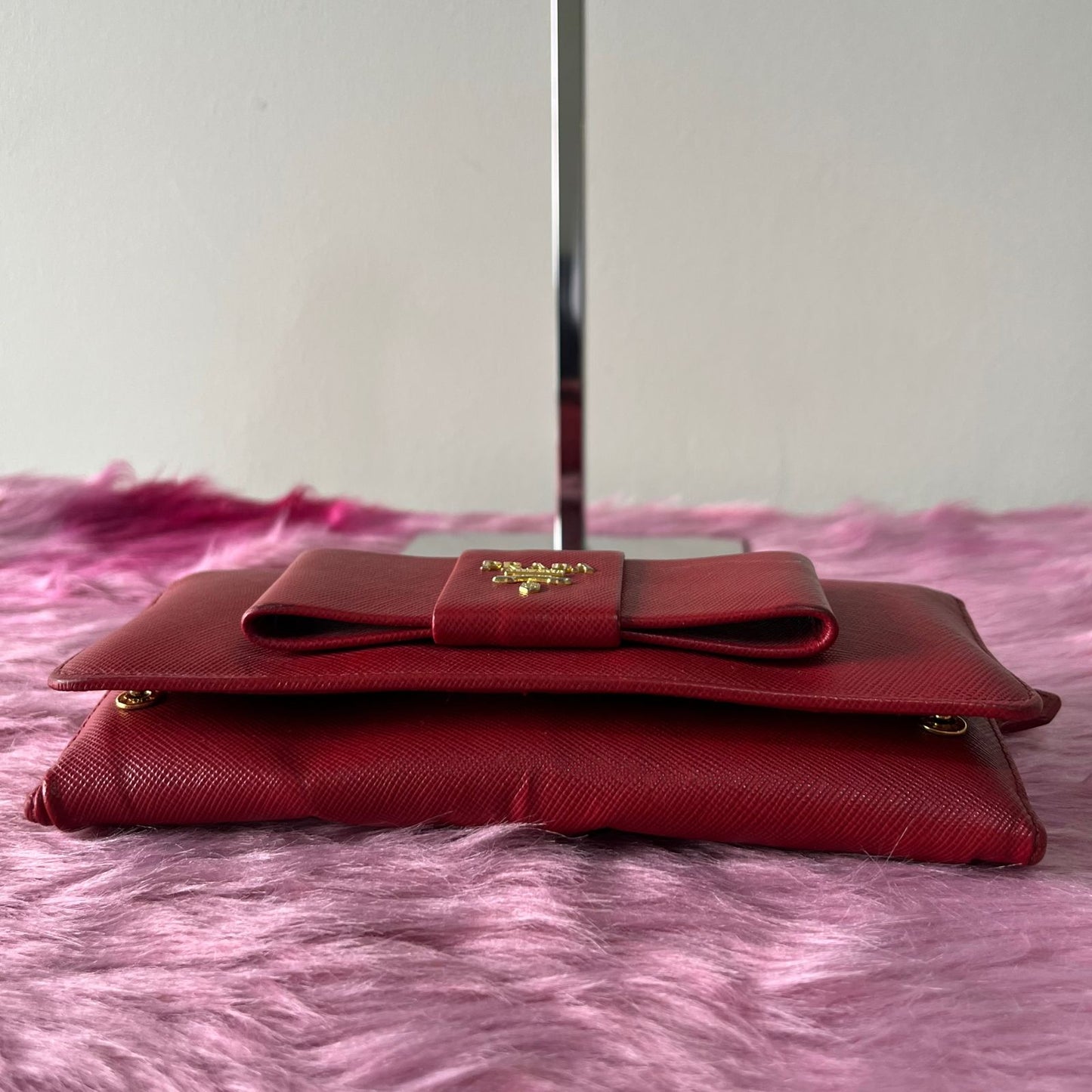 Prada Saffiano Bowy Wallet Red – 3.7"H x 7.5"L x 1"W