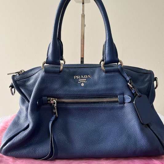Prada Vitello Phenix Navy Blue – 10"H x 13"L x 5.5"W