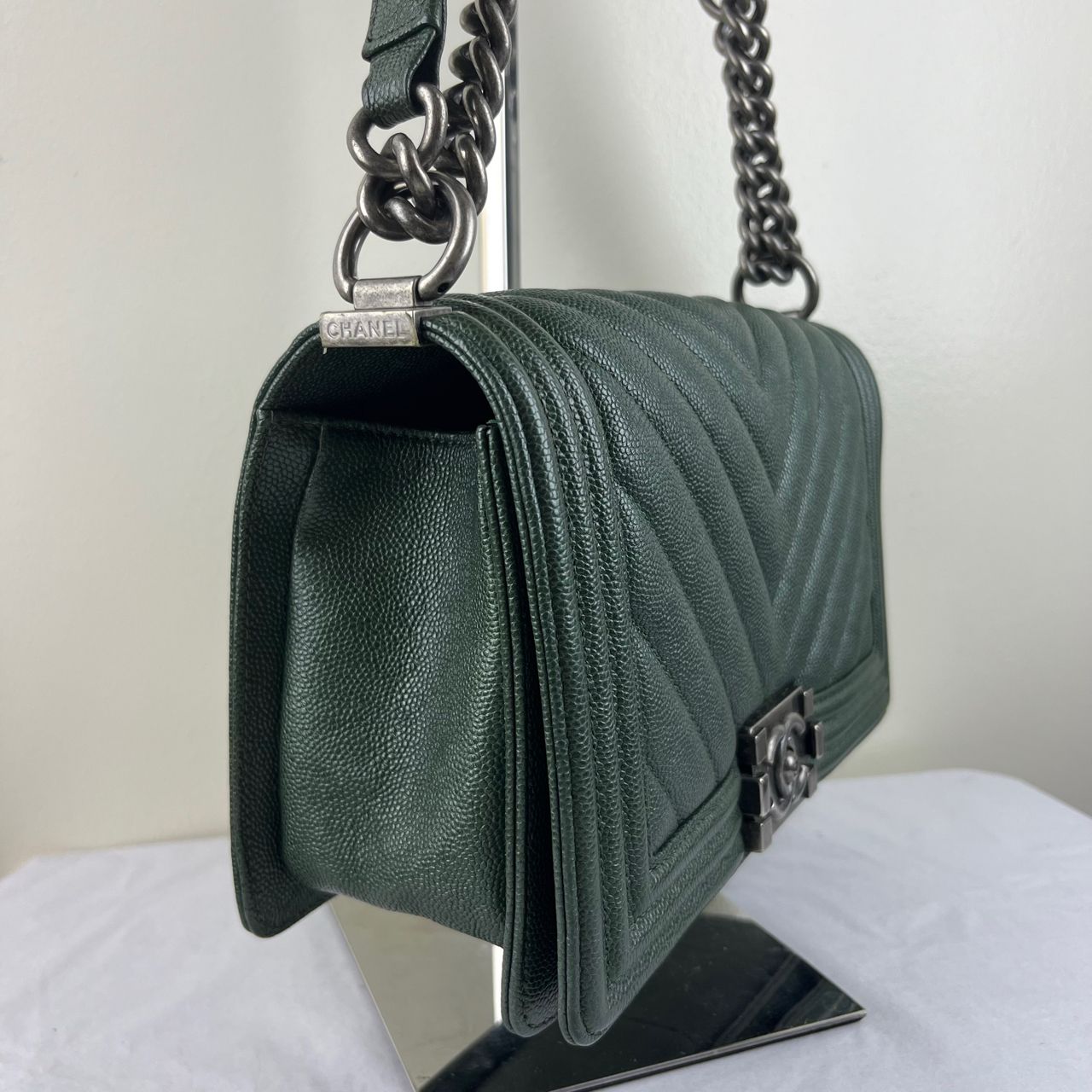 Chanel Le Boy Chevron Handbag, Green – H5.9" x L9.8" x W3.5"