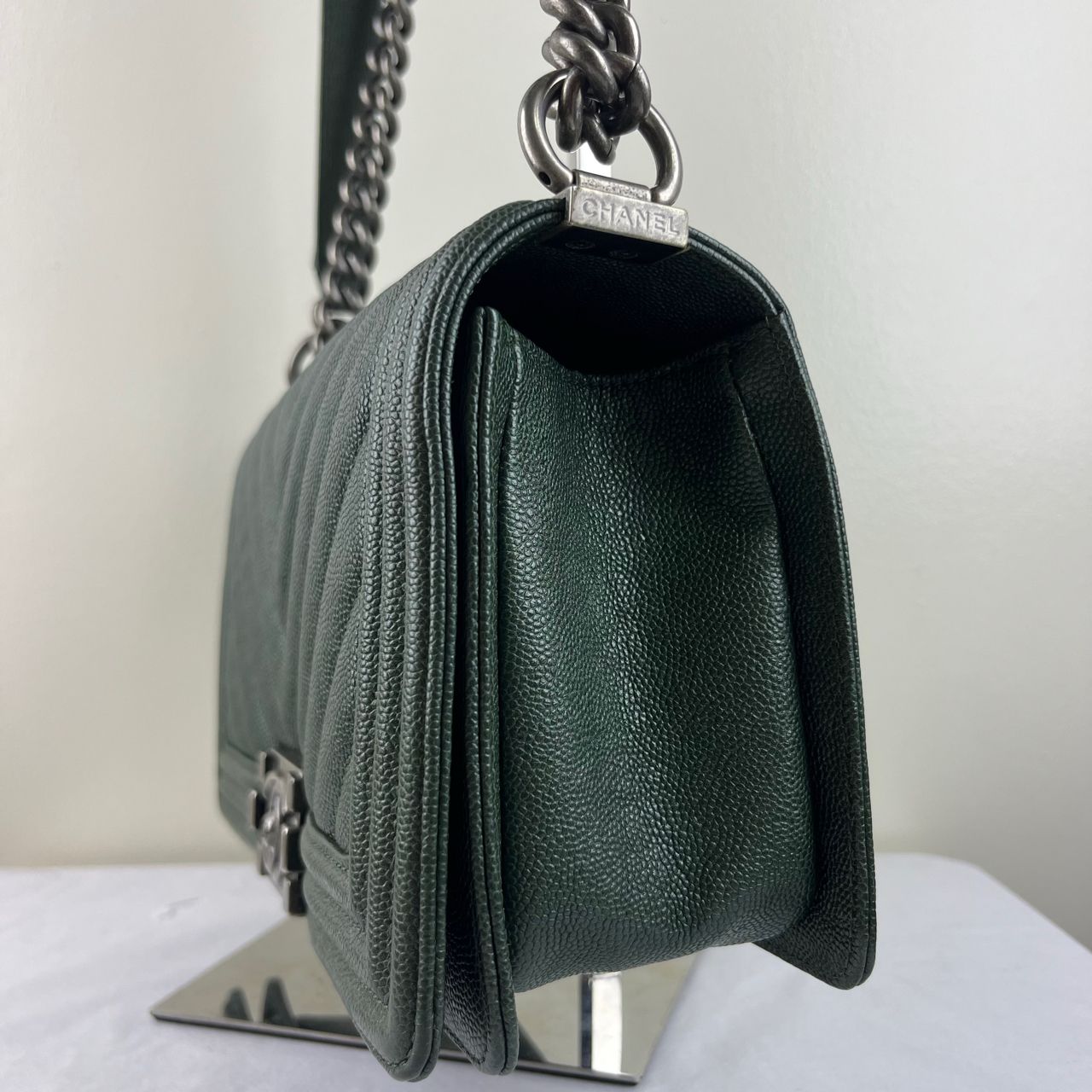 Chanel Le Boy Chevron Handbag, Green – H5.9" x L9.8" x W3.5"