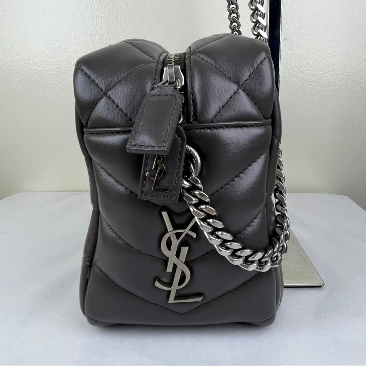 YSL Loulou Bowling Bag, Gray – 9.5"H x 13.7"L x 5.1"W
